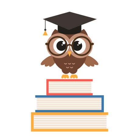 A cute owl with graduation cap and books illustration.のイラスト素材