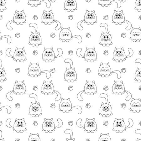 A seamless pattern with cute cats and footprints illustration.のイラスト素材