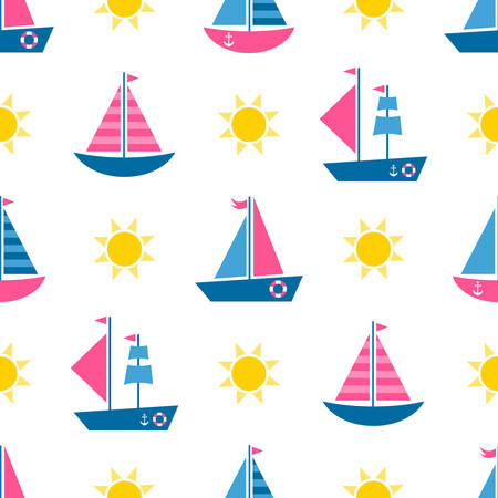 Seamless pattern with cartoon boats and sunのイラスト素材