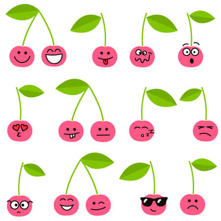 Cute cherry icons with different emotionsのイラスト素材