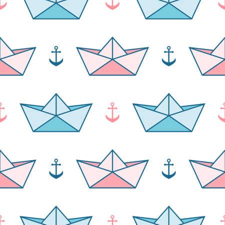 Pattern with paper boats and anchorsのイラスト素材