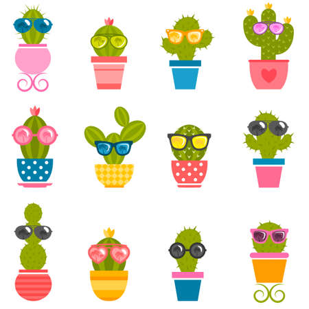 Set of cactus with sunglasses isolated on white background.のイラスト素材