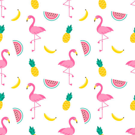 Pattern with Flamingo birds and fruitsのイラスト素材