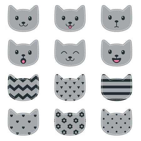 Icons of cat faces isolated on white for scrapbookingのイラスト素材