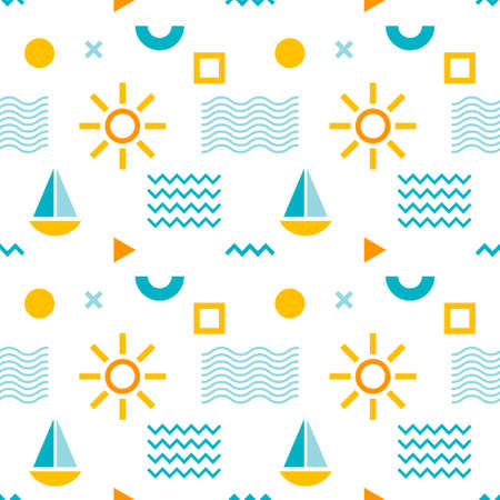 Seamless abstract pattern with sun, boat and geometric shapes