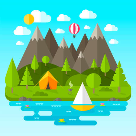 Landscape with mountains, river and green treesのイラスト素材