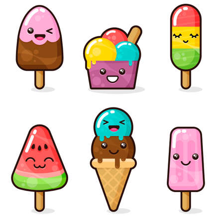 Kawaii ice cream set. Cute cartoon characters on white backgroundのイラスト素材