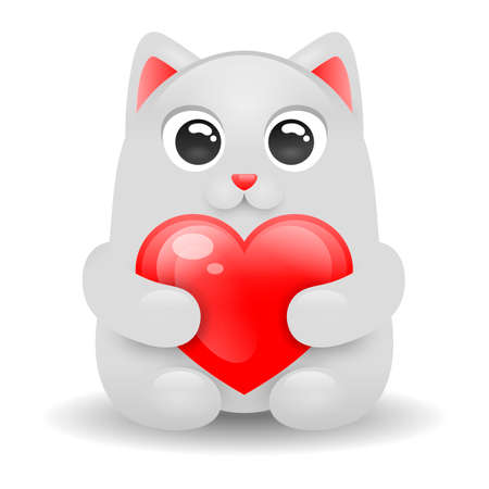 White cute cat with red heart on white backgroundのイラスト素材