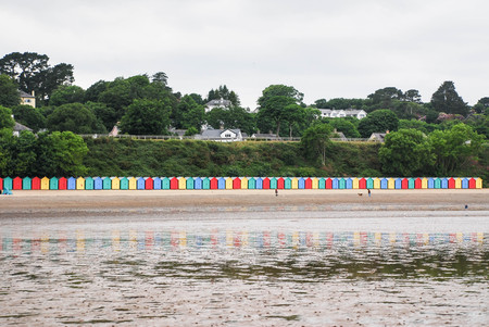 Beach huts at Llanbedrog beach on the Llyn Peninsular, North Wales, UK.の写真素材
