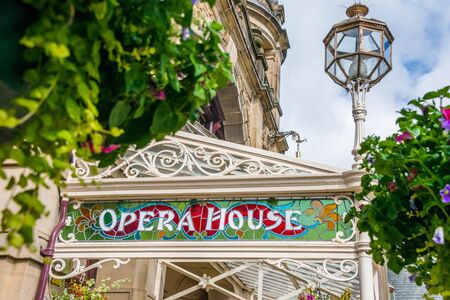 The stained glass signage on the front of Buxton Opera House, Derbyshire, UKのeditorial素材