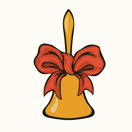 School bell or Christmas bell, red bow vector image in minimal design isolated. Merry Christmas and Happy New Year Design. Golden Christmas bell with red ribbon. Jingle bellsのイラスト素材