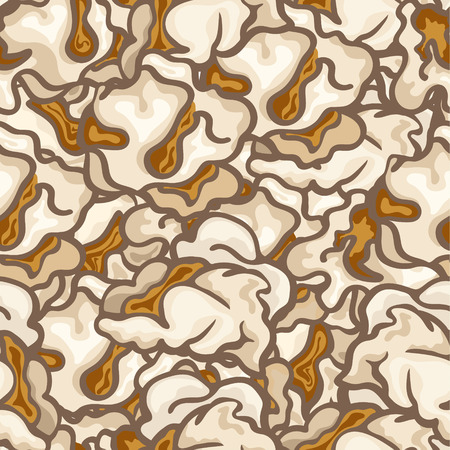 Traditional popcorn vector seamless multilayered pattern. Graphic background, popcorn popping in minimal style. Print for cinema pop corn buckets, circus. Popcorn kernels. Tasty food. Snack for movie.のイラスト素材