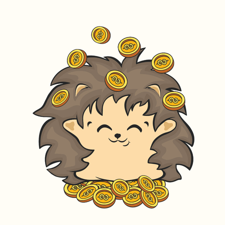 Cute happy hedgehog sits on mountain of gold coins vector image. Hedgehog character throws money in air. Rich hedgehog animal mascot bringing money. Good luck charm, attracting money. Energy of wealthのイラスト素材