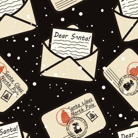 Letters for Santa Claus vector seamless pattern. Letter to Santa Claus repeat print. Merry Christmas Happy New Year design. Santa Claus mail with stamps and postage marks. Open and sealed lettersのイラスト素材
