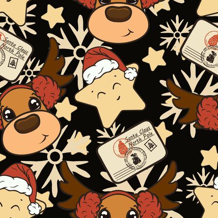 Letter for Santa Claus, deer and star in Santa's hat vector seamless pattern. Letter to Santa Claus repeat print. Merry Christmas Happy New Year design. Santa Claus mail with stamps and postage marksのイラスト素材