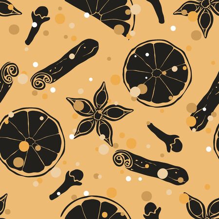 Christmas and New Year vintage seamless pattern with mulled wine ingredients: orange, badian, clove, cinnamon. Repeated pattern in old retro style grunge design craft paper imitation.のイラスト素材
