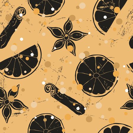Christmas and New Year vintage seamless pattern with mulled wine ingredients: orange, badian, cinnamon. Repeated pattern in old retro style grunge design craft paper imitation.のイラスト素材