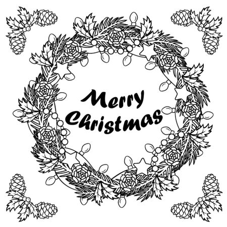 Christmas wreath pattern with Christmas tree branch, garland with bulbs, stars, cones. Black and white illustration. Coloring book pages for adult for meditation and relaxation. Holiday concept.のイラスト素材