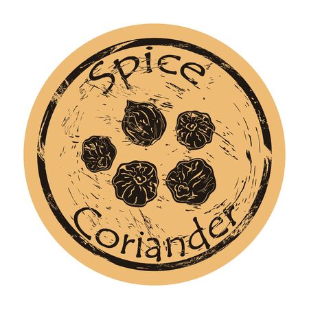 Coriander spice view icon vector round shabby emblem design, old retro style. Coriander seeds spicy ingredient mail stamp on craft paper. Cooking ingredient vintage grunge sign.のイラスト素材
