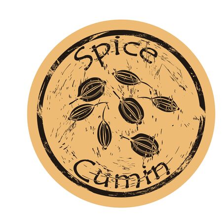 Cumin spice view icon vector round shabby emblem design, old retro style. Cumin seeds spicy ingredient mail stamp on craft paper. Cooking ingredient vintage grunge sign.のイラスト素材