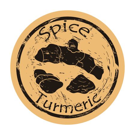 Turmeric spice view icon vector round shabby emblem design, old retro style Curcuma spicy ingredient mail stamp on craft paper. Cooking ingredient vintage grunge sign.のイラスト素材