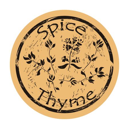 Thyme spice view icon vector round shabby emblem design, old retro style. Thyme flowers and leaves spicy ingredient mail stamp on craft paper. Cooking ingredient vintage grunge sign.のイラスト素材