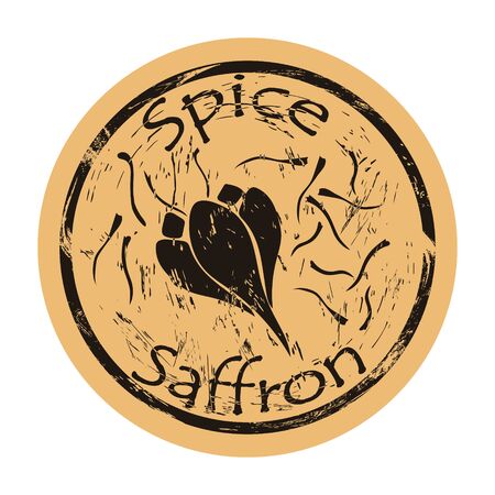 Saffron rare exotic spice view icon vector round shabby emblem design, old retro style. Caraway seed and flowers spicy ingredient mail stamp on craft paper. Cooking ingredient vintage grunge signのイラスト素材