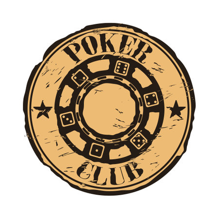 Poker chip logo on craft paper background. Poker club vector round shabby emblem design. Chip vintage grunge style icon stamp. Gambling stamp round seal imitation. Casino hazard risk game.のイラスト素材