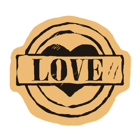 Seal with text Love and heart. Romantic icon with heart. Logo on craft paper background. Love symbol vector round shabby emblem in old style. Grunge style icon stamp. Retro classic design. Give heartのイラスト素材