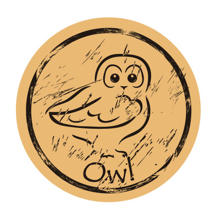 Owl silhouette vector round shabby emblem flat design, old retro style. Owl bird icon mail stamp on craft paper. Shape of owl vintage grunge sign. Retro classic design. Sitting owl.のイラスト素材