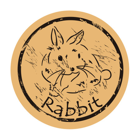 Rabbit silhouette vector round shabby emblem flat design, old retro style. Cute bunny icon mail stamp on craft paper. Shape of hare vintage grunge sign. Retro classic design.のイラスト素材