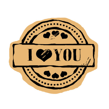 Stamp with text I Love You. Romantic icon vector round shabby emblem flat design, old retro style. Happy Valentine's Day sticker. Love logo on craft paper background. Grunge style icon stamp.のイラスト素材