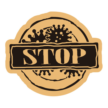 STOP COVID-19 grunge rubber round stamp on craft background. Textured seal stamp with STOP text inside rectangle. Vector icon with coronavirus molecule cell. Stamp in old grunge style. 2019-nCoV COVIDのイラスト素材