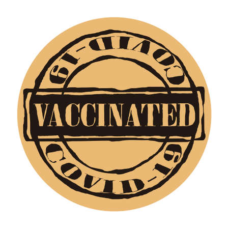 Stamp with word "vaccinated". Grunge rubber round stamp on craft background.のイラスト素材