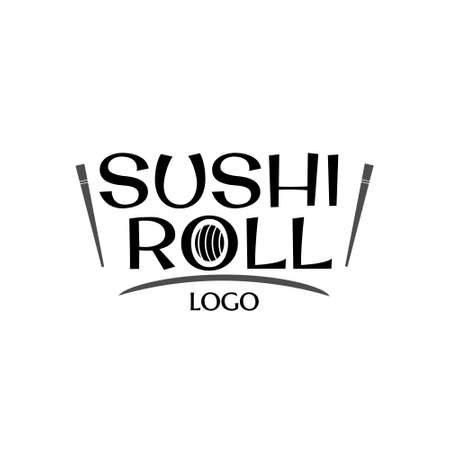 vector icon with text roll sushi. image roll and two stick template. illustration isolated vector sign symbol. Japanese traditional cuisine, tasty food sign. asian sushi barのイラスト素材