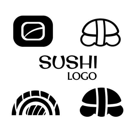 sushi logo set. graphic symbol with fish cut into sushi and rolls. monochrome japanese food icon sushi and roll. minimalistic image simple shapes design. illustration isolated vector sign symbolのイラスト素材
