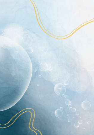 Vertical background with the image of bubbles and blue streaks, complemented by golden lines.の写真素材