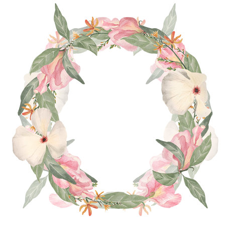 Watercolor floral wreath with hibiscus flowers and leaves.の写真素材