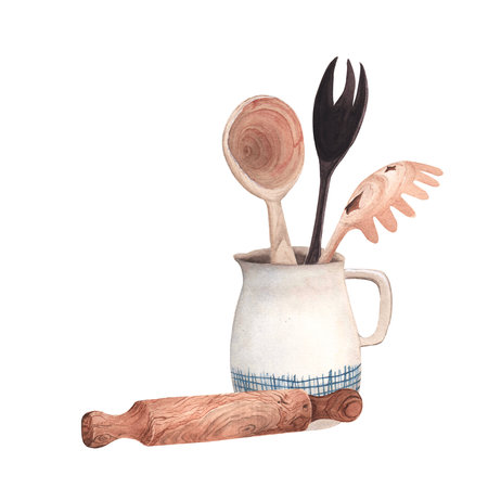 Watercolor composition with kitchen utensils on white backgroundの写真素材