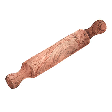 Watercolor wooden rolling pin on white backgroundの写真素材