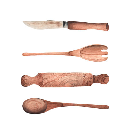 Watercolor composition with kitchen utensils on white backgroundの写真素材