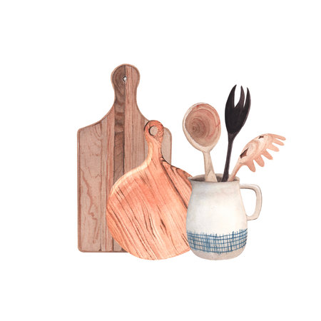 Watercolor composition with kitchen utensils on white backgroundの写真素材