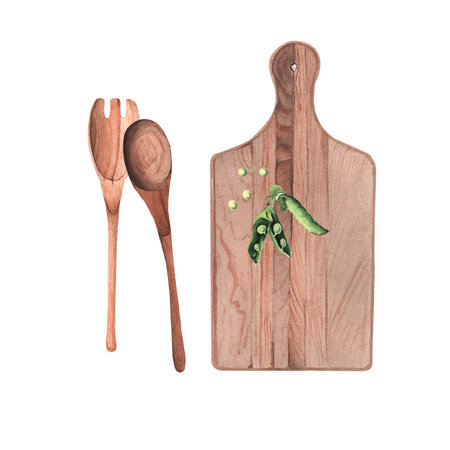 Watercolor composition with kitchen utensils on white backgroundの写真素材