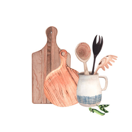 Watercolor composition with kitchen utensils on white backgroundの写真素材