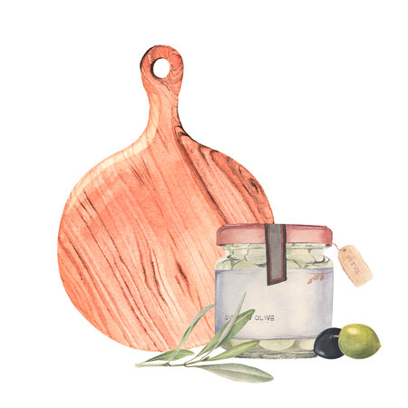 Watercolor illustration with glass jar of olives and wood cutting boardの写真素材