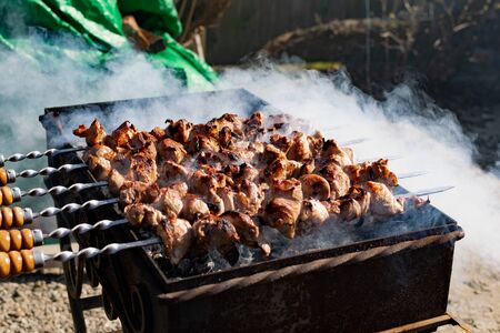Mouth- watering skewers of pork with a toasted Golden crust and smoke flavor. Barbecue with coals in the yard in nature with cooked meat on skewersの写真素材