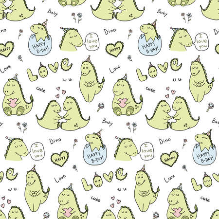 cute vector seamless pattern with loving dinosaurs and hearts. valentine's day print, wallpaper, background, design of notebooks, textiles and packaging paper. couple in love, animals, doodlesのイラスト素材