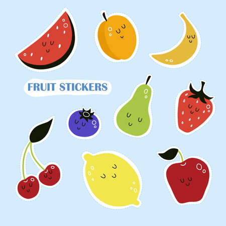 vector set of cute cartoon fruits. isolated on a blue background. logo, icon, print, sticker, decor. apple, pear, strawberry, apricot, blueberry, watermelon, banana, lemon, cherryのイラスト素材