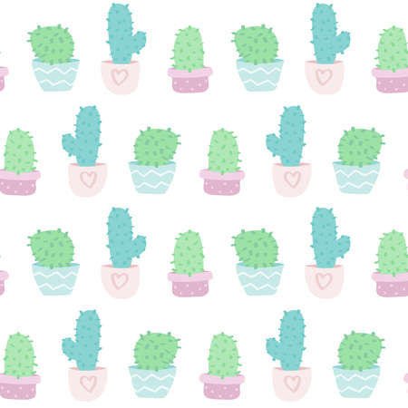 cute vector seamless pattern with cartoon cacti in pots. it can be used as wallpaper, poster, print for clothing, fabric, textiles, notebooks, packaging paper.のイラスト素材