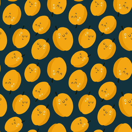 vector seamless cute pattern with cartoon apricots. it can be used as wallpaper, poster, print for clothes, fabrics, textiles, notebooks, packaging paper. food background.のイラスト素材